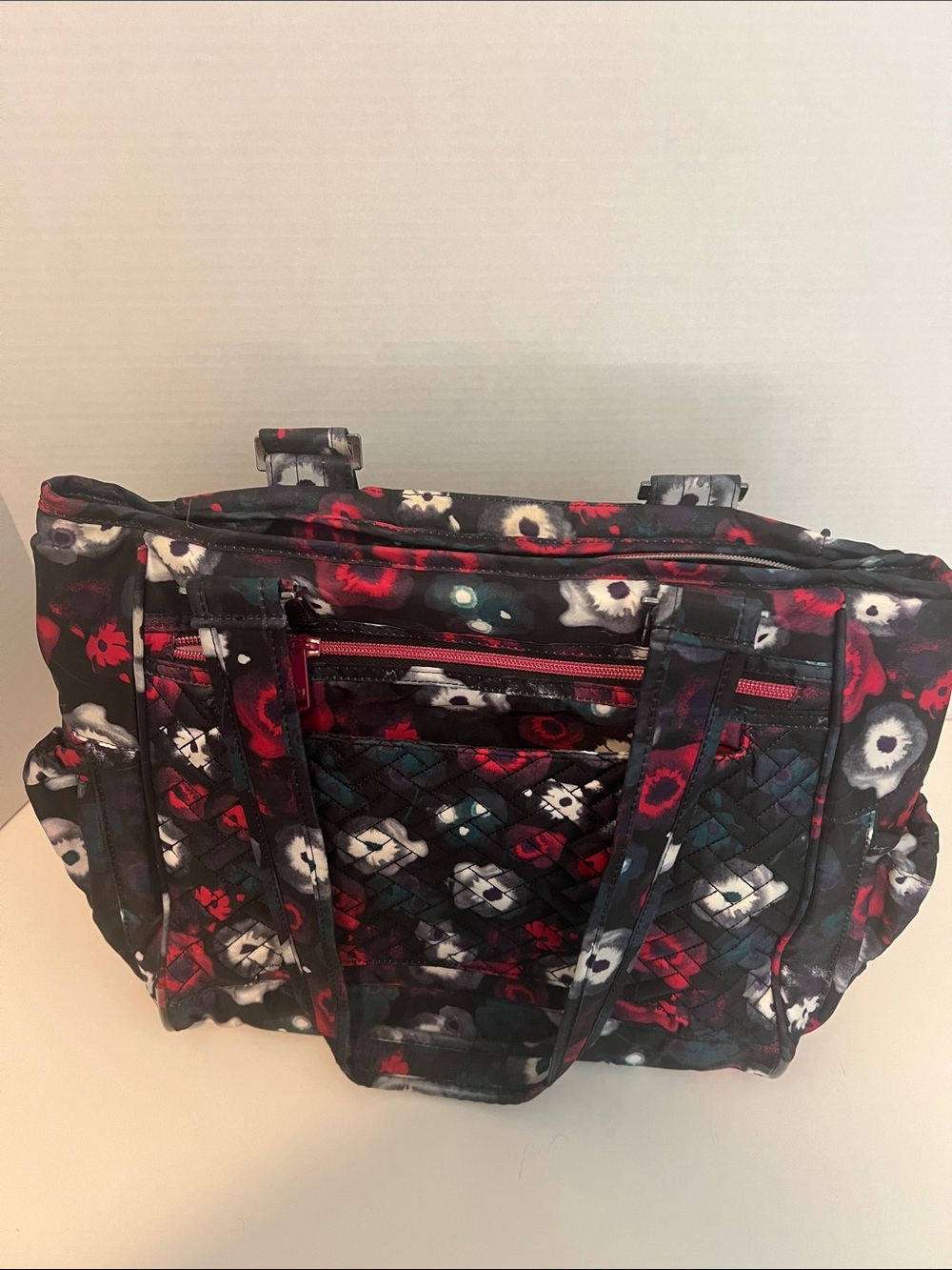 Lug Quilted Watercolor Floral Pattern Tote in Black, Pink, white and some blue - Picture 5 of 8